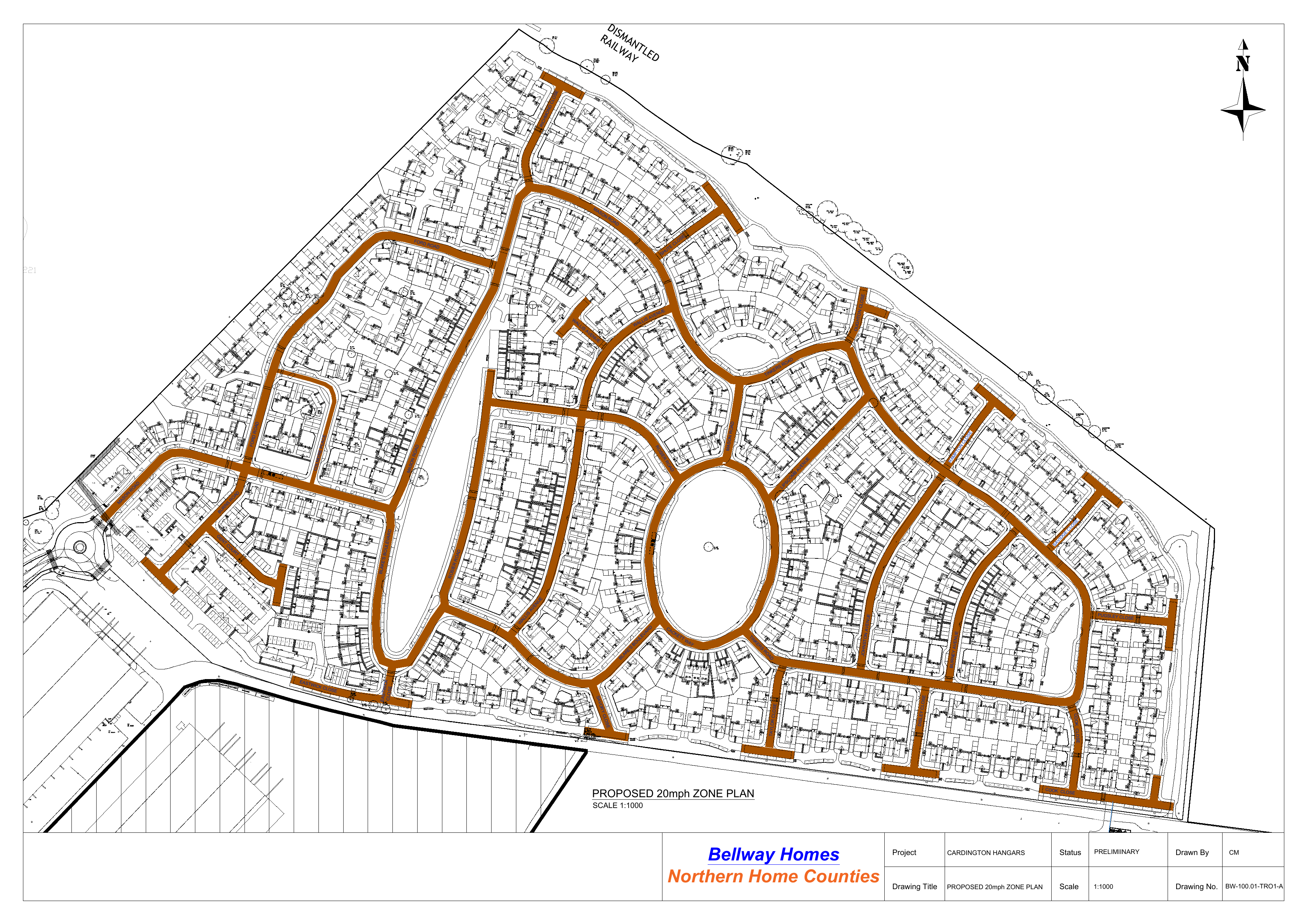 Proposed 20mph zone plan for the Cardington Hangars development in Shortstown, with affected roads highlighted