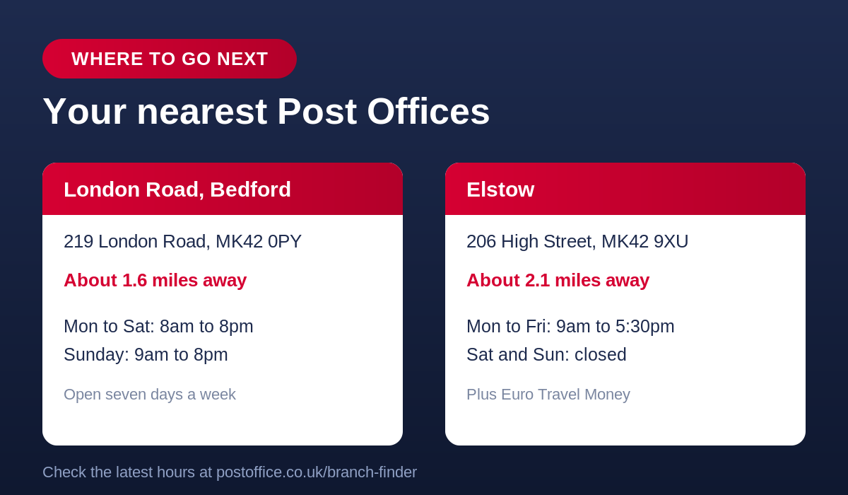 Your nearest Post Offices: London Road, Bedford (1.6 miles, open 7 days) and Elstow (2.1 miles), with opening hours