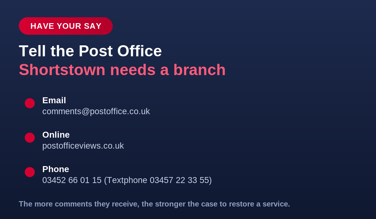 Have your say: tell the Post Office Shortstown needs a branch by email, online or phone