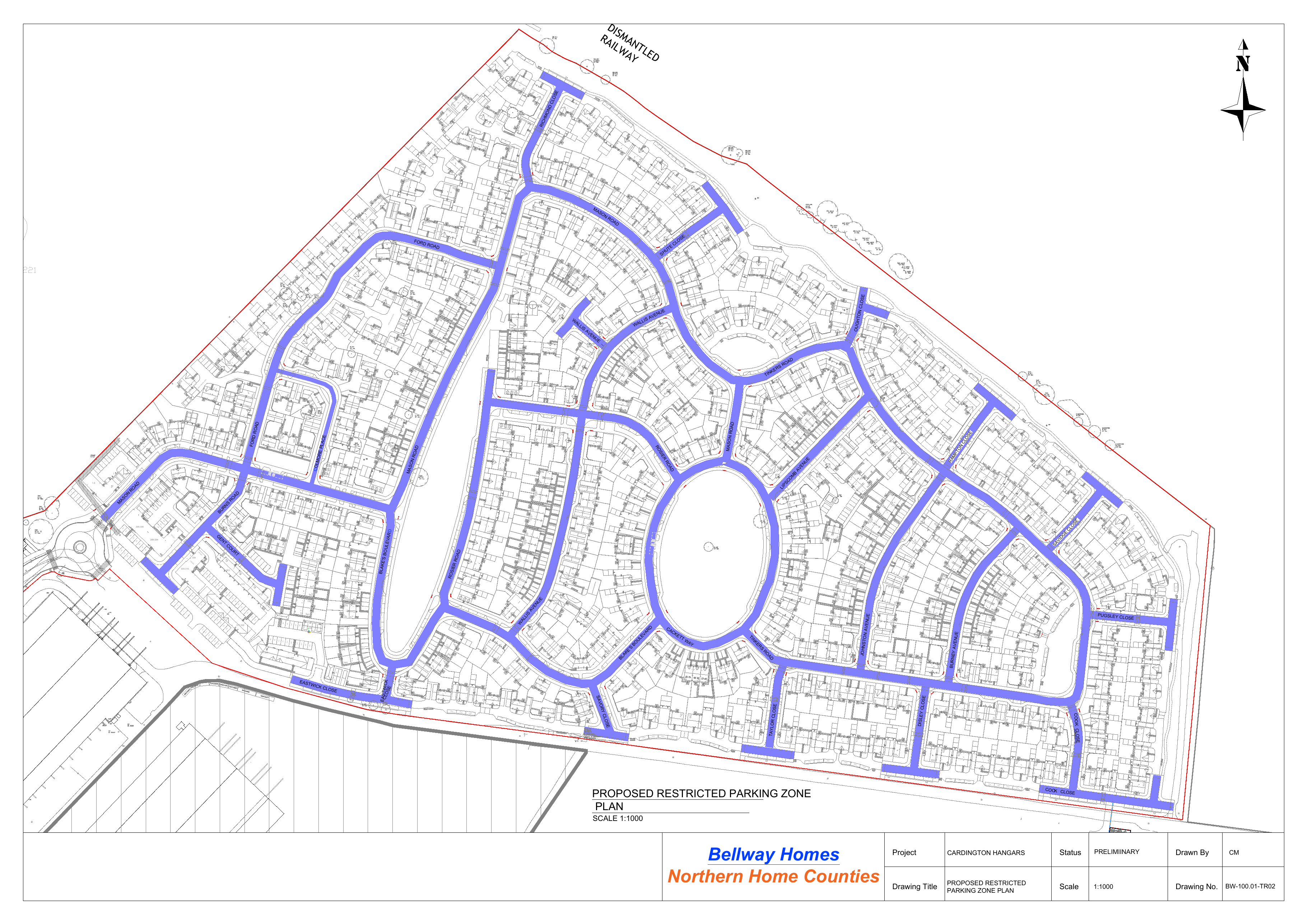 Proposed restricted parking zone plan for the Cardington Hangars development in Shortstown, with affected roads highlighted